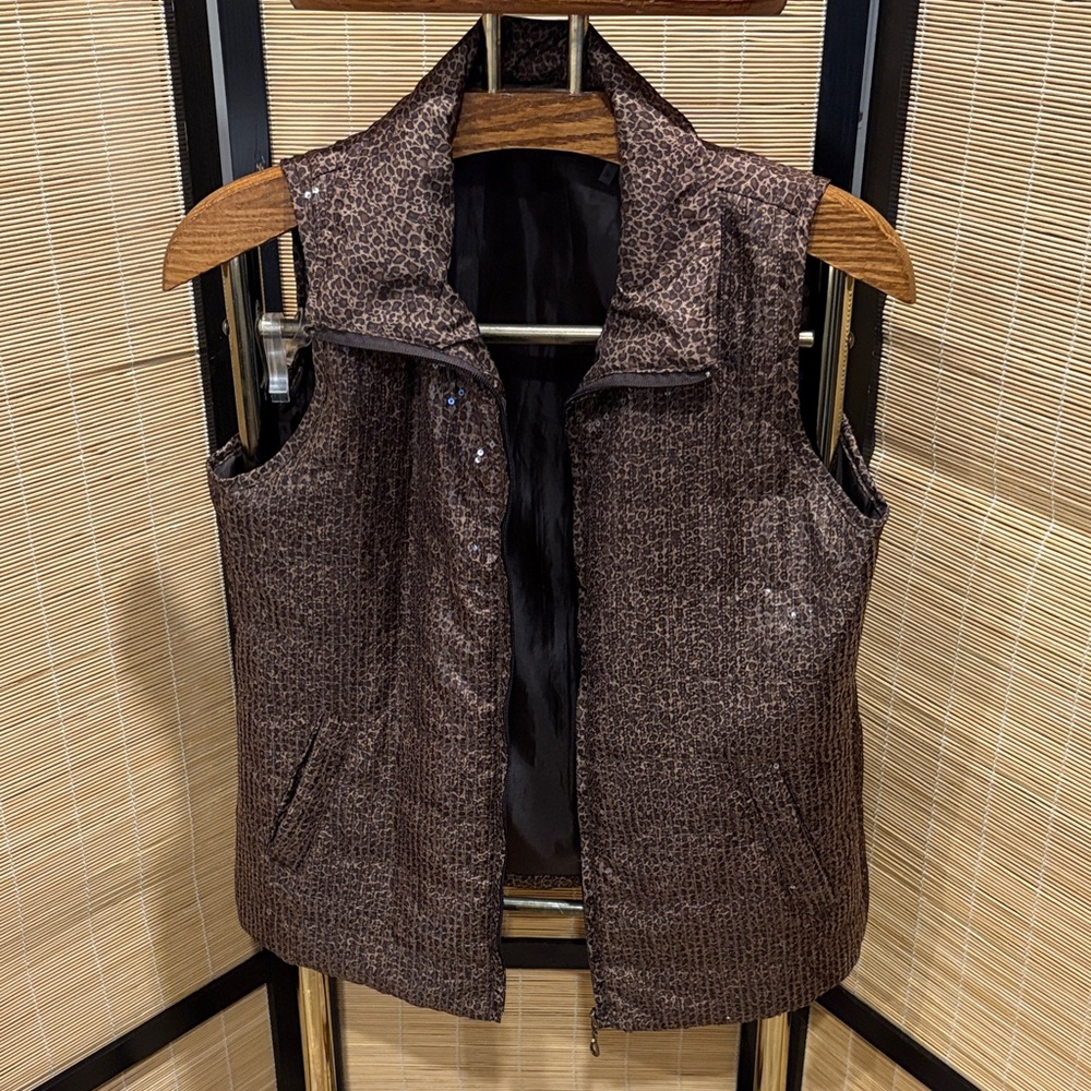 Stylish Brown Sequin Cheetah Vest